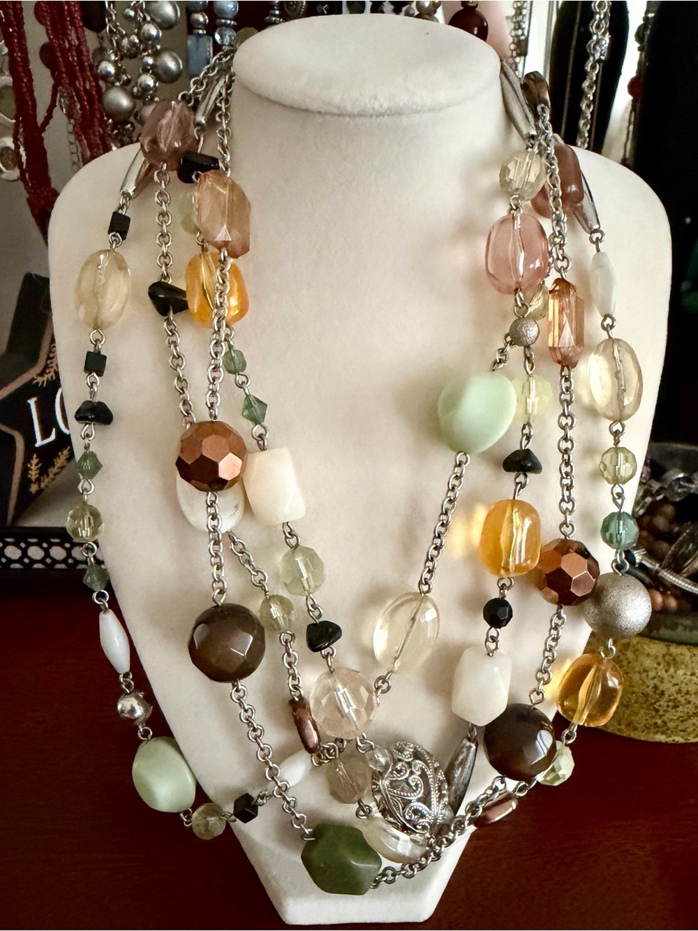 Lia Sophia Multicolor Beaded Layered Necklace — Brown, Amber, Cream, Green, Pink